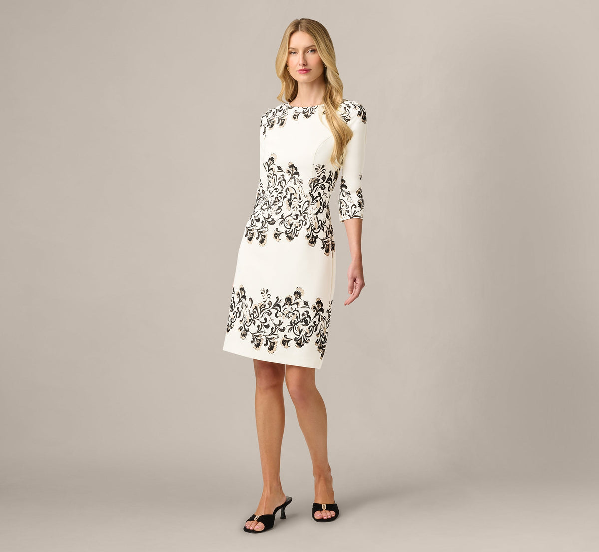 Three Quarter Sleeve Baroque Lace Print Stretch Sheath Dress - Ivory Multi | Adrianna Papell