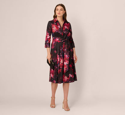 Three Quarter Sleeve Floral Taffeta Shirt Dress - Black Multi | Adrianna Papell
