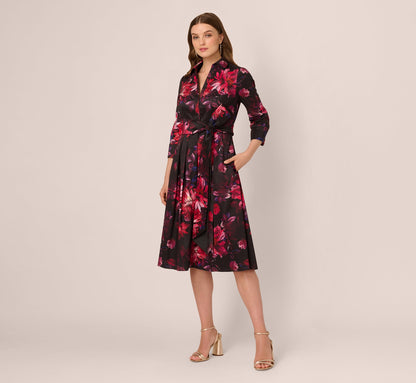 Three Quarter Sleeve Floral Taffeta Shirt Dress - Black Multi | Adrianna Papell