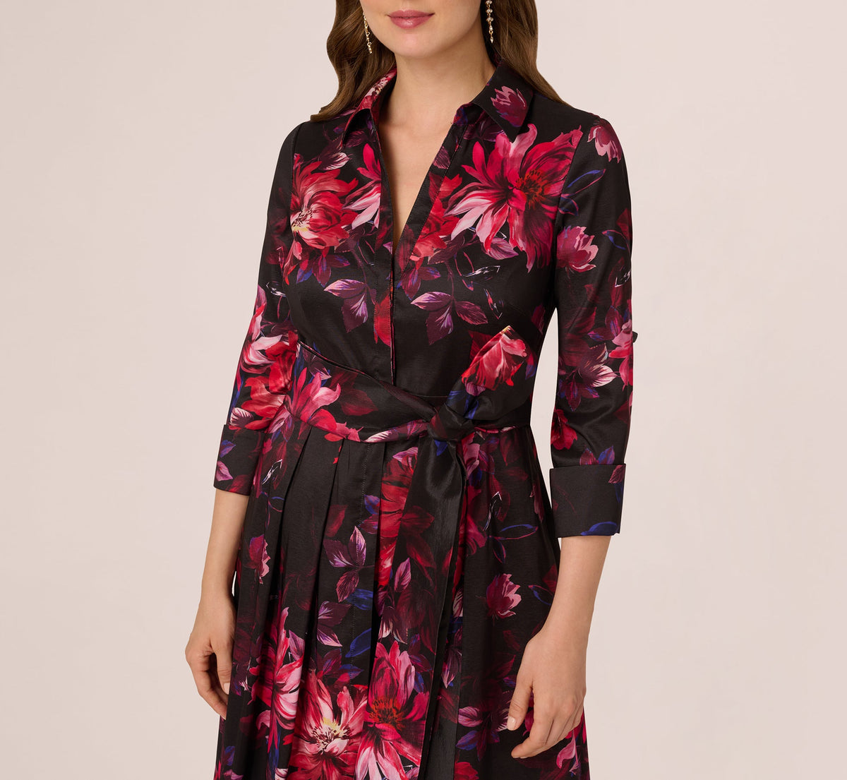 Three Quarter Sleeve Floral Taffeta Shirt Dress - Black Multi | Adrianna Papell