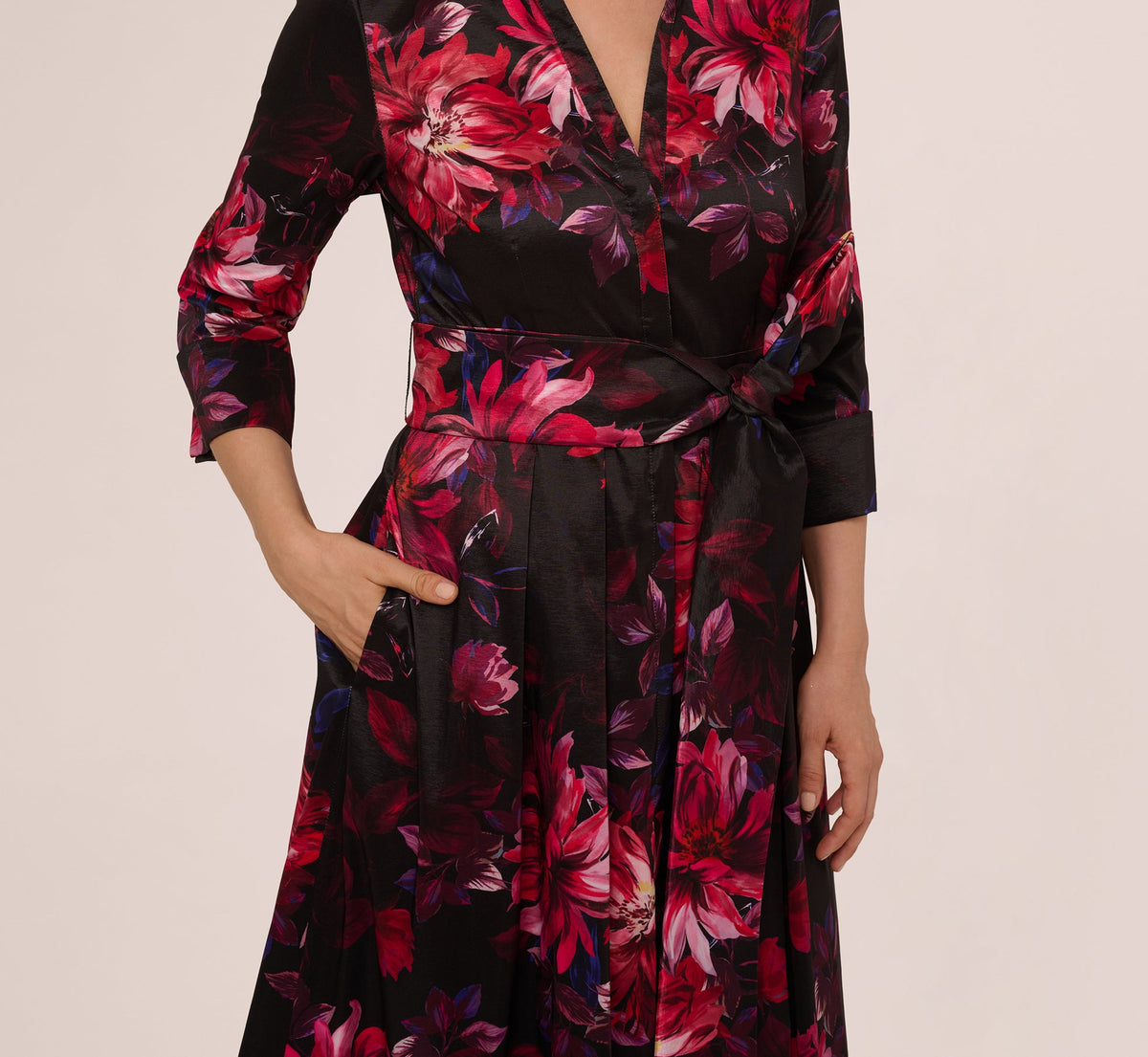 Three Quarter Sleeve Floral Taffeta Shirt Dress - Black Multi | Adrianna Papell