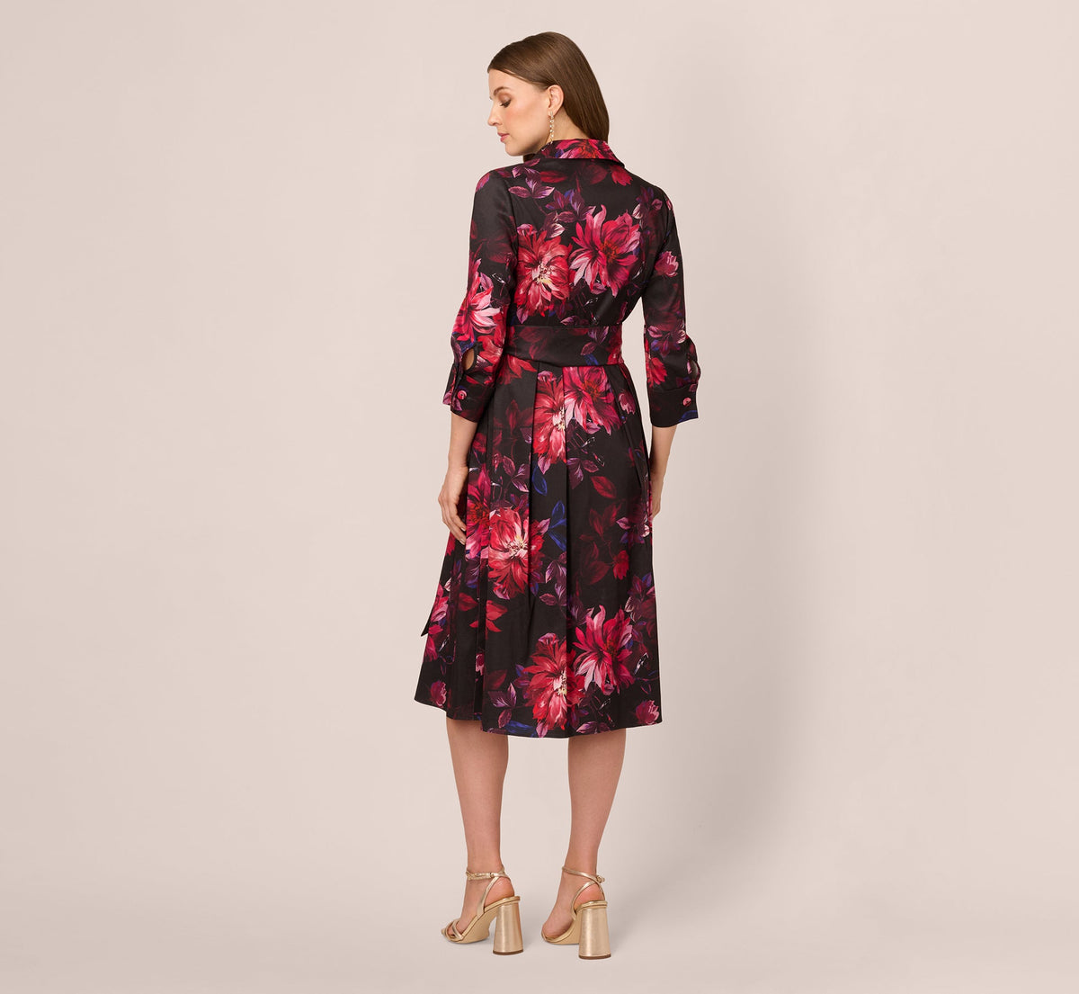 Three Quarter Sleeve Floral Taffeta Shirt Dress - Black Multi | Adrianna Papell