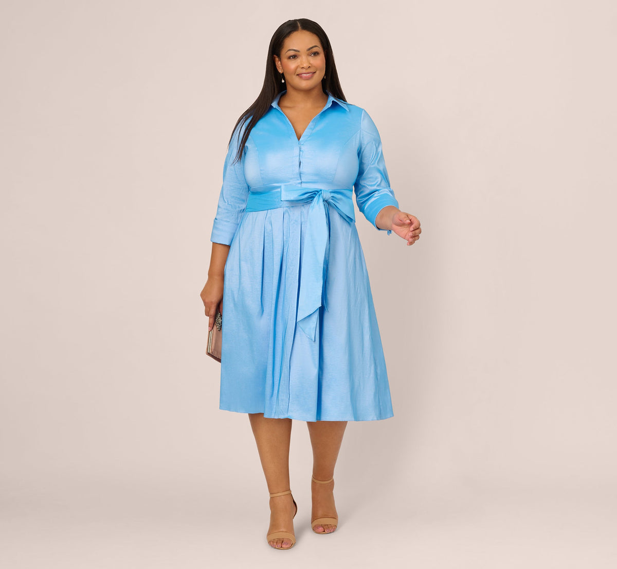 Plus Size Three Quarter Sleeve Taffeta Midi Shirt Dress - Bluebell | Adrianna Papell