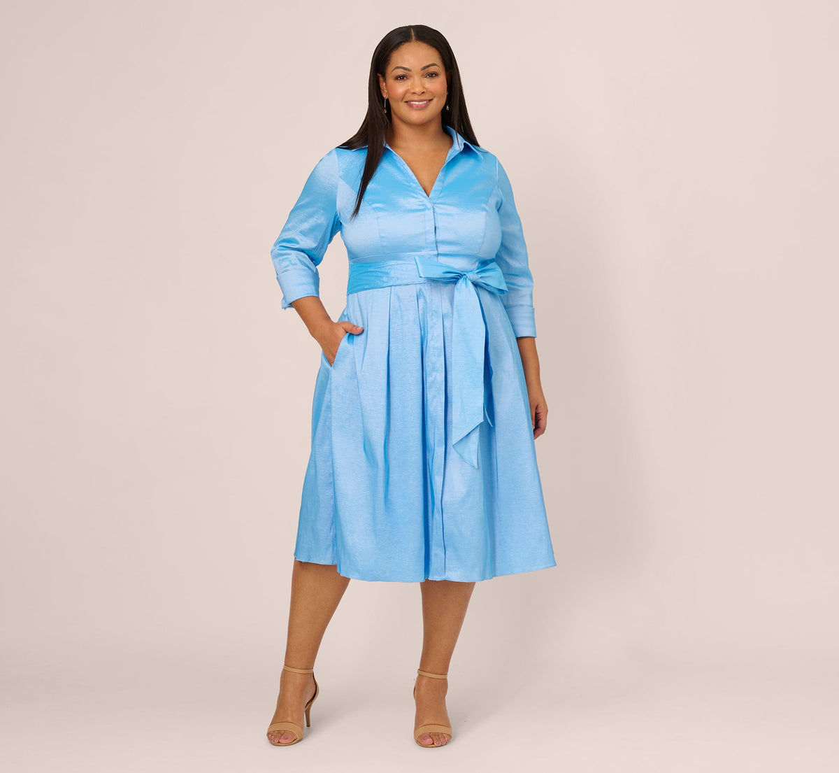 Plus Size Three Quarter Sleeve Taffeta Midi Shirt Dress - Bluebell | Adrianna Papell