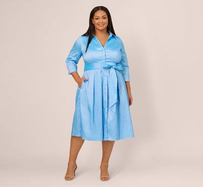 Plus Size Three Quarter Sleeve Taffeta Midi Shirt Dress - Bluebell | Adrianna Papell