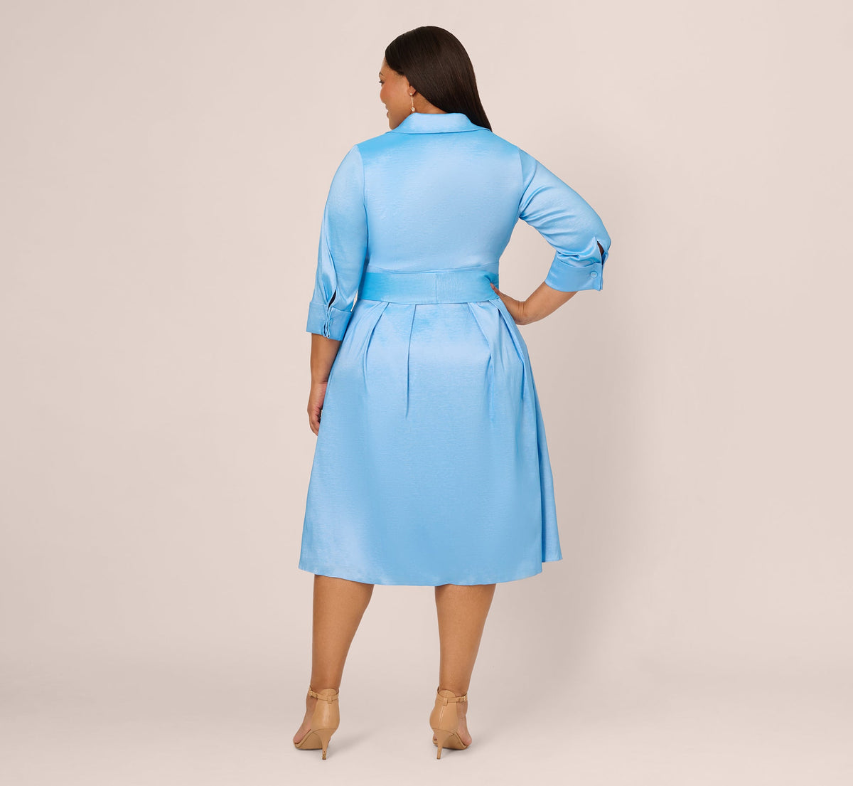 Plus Size Three Quarter Sleeve Taffeta Midi Shirt Dress - Bluebell | Adrianna Papell