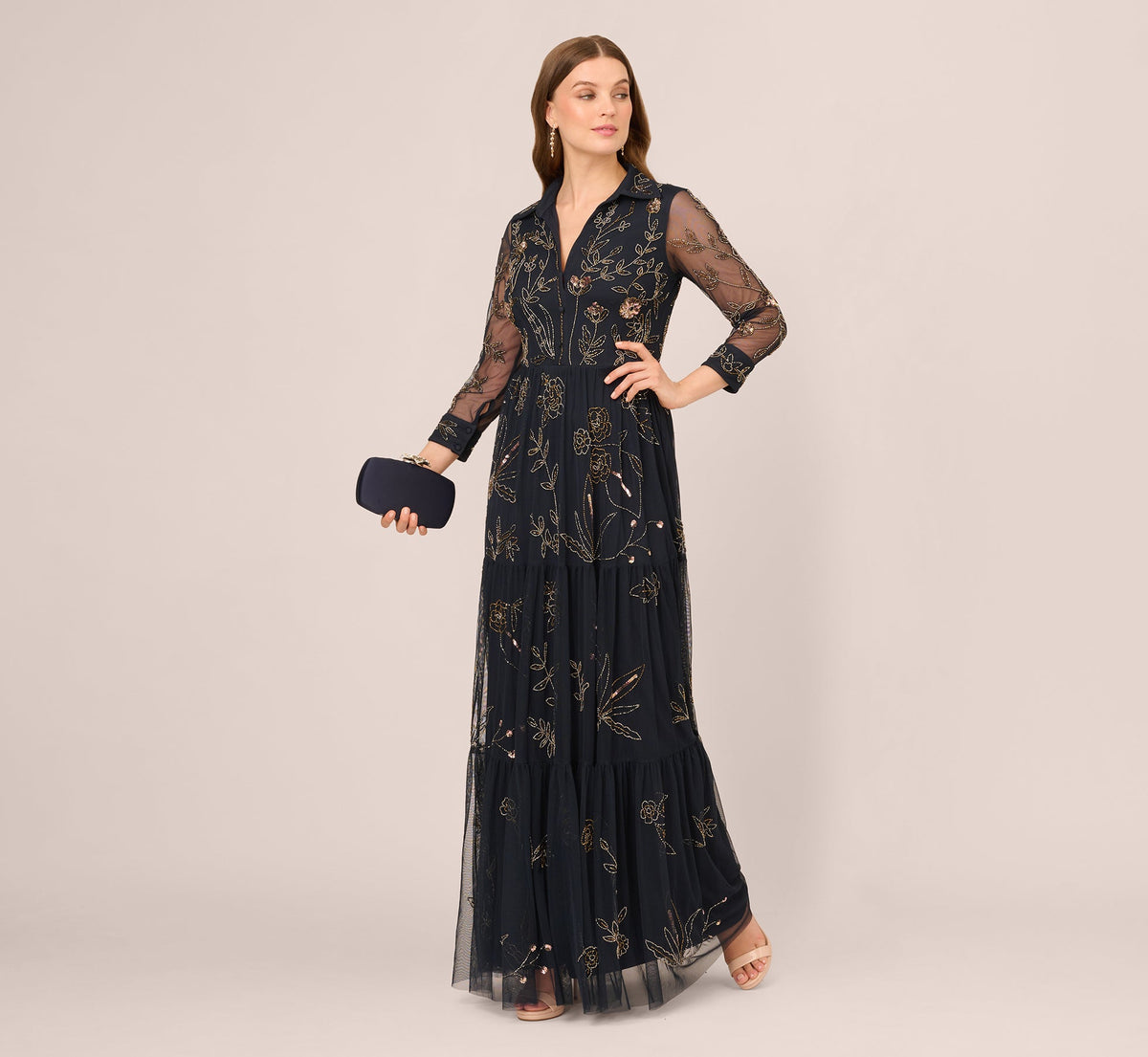Three Quarter Sleeve Collared Floral Beaded Gown - Midnight Multi | Adrianna Papell