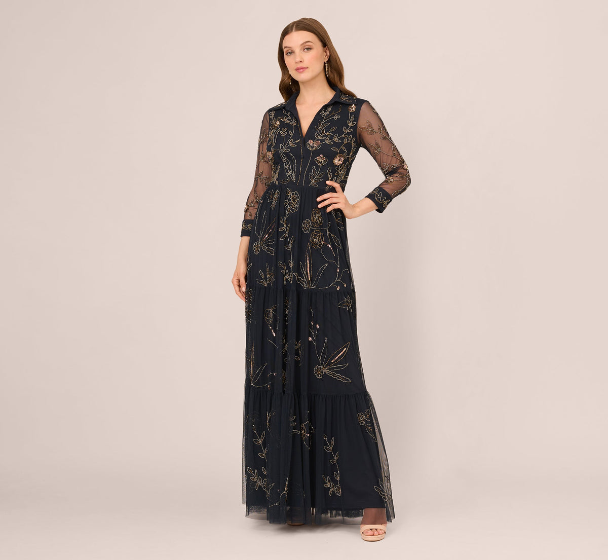 Three Quarter Sleeve Collared Floral Beaded Gown - Midnight Multi | Adrianna Papell