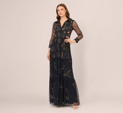 Three Quarter Sleeve Collared Floral Beaded Gown - Midnight Multi | Adrianna Papell