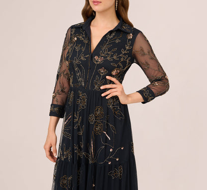 Three Quarter Sleeve Collared Floral Beaded Gown - Midnight Multi | Adrianna Papell