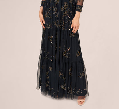 Three Quarter Sleeve Collared Floral Beaded Gown - Midnight Multi | Adrianna Papell