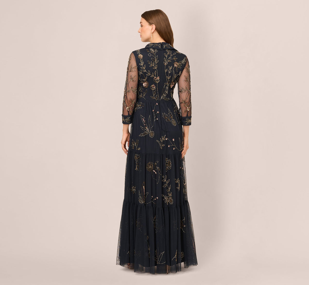 Three Quarter Sleeve Collared Floral Beaded Gown - Midnight Multi | Adrianna Papell