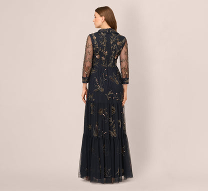 Three Quarter Sleeve Collared Floral Beaded Gown - Midnight Multi | Adrianna Papell