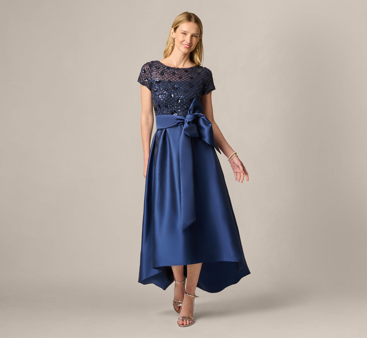 Short Sleeve Sequin Combo High Low Dress - Light Navy | Adrianna Papell