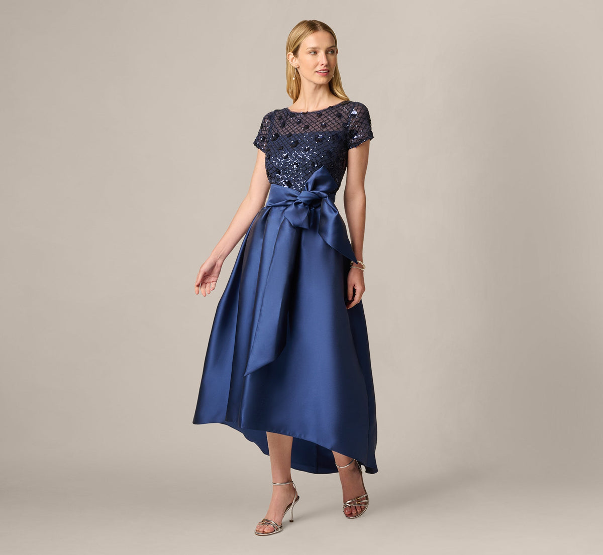 Short Sleeve Sequin Combo High Low Dress - Light Navy | Adrianna Papell