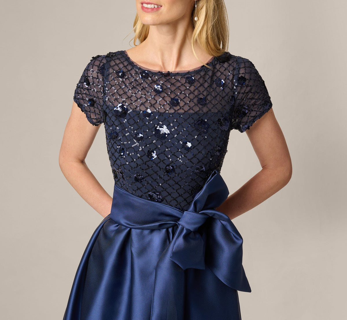 Short Sleeve Sequin Combo High Low Dress - Light Navy | Adrianna Papell