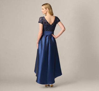 Short Sleeve Sequin Combo High Low Dress - Light Navy | Adrianna Papell