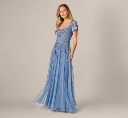 Short Sleeve 3D Floral Beaded Envelope Back Gown - French Blue | Adrianna Papell