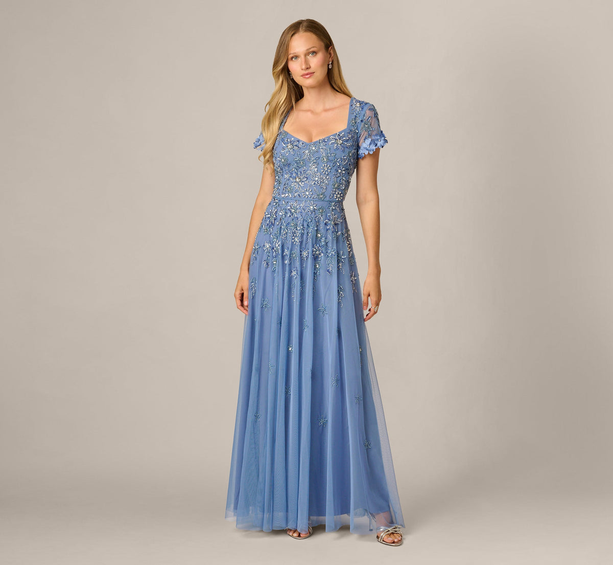 Short Sleeve 3D Floral Beaded Envelope Back Gown - French Blue | Adrianna Papell