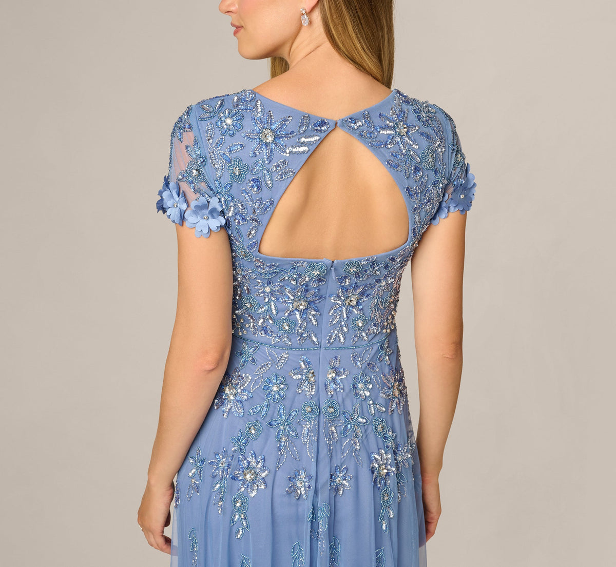 Short Sleeve 3D Floral Beaded Envelope Back Gown - French Blue | Adrianna Papell