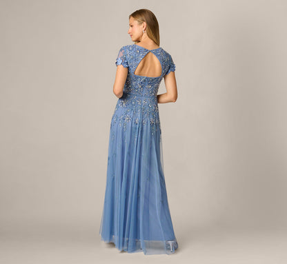 Short Sleeve 3D Floral Beaded Envelope Back Gown - French Blue | Adrianna Papell