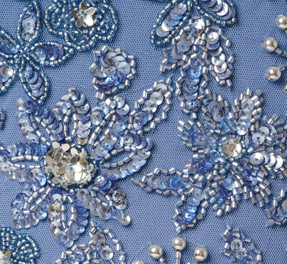 Short Sleeve 3D Floral Beaded Envelope Back Gown - French Blue | Adrianna Papell