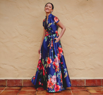 Short Sleeve Magnolia Floral Ballgown - Navy Multi | Adrianna Papell