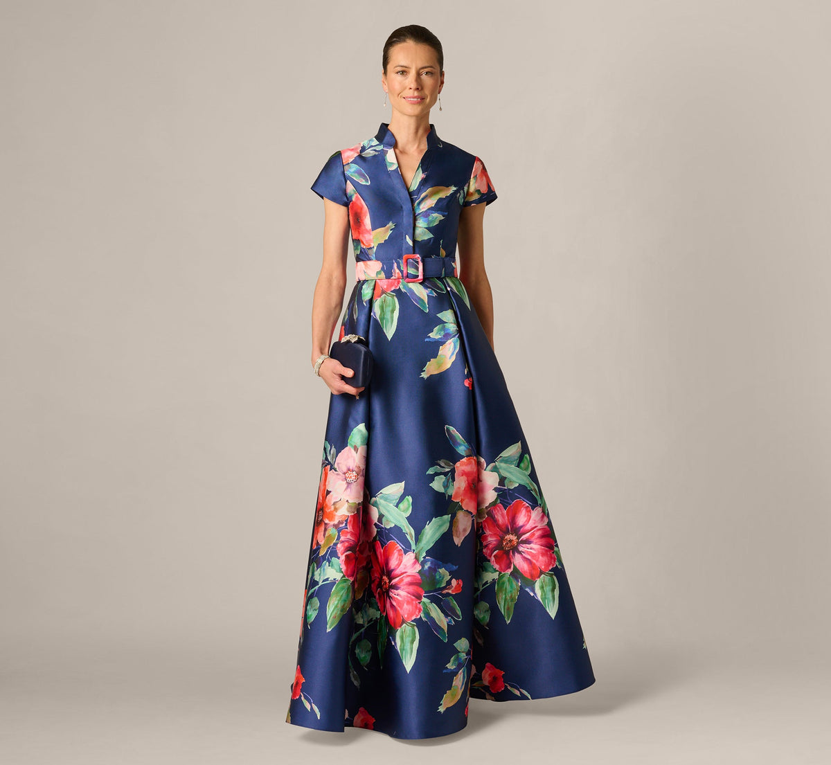 Short Sleeve Magnolia Floral Ballgown - Navy Multi | Adrianna Papell