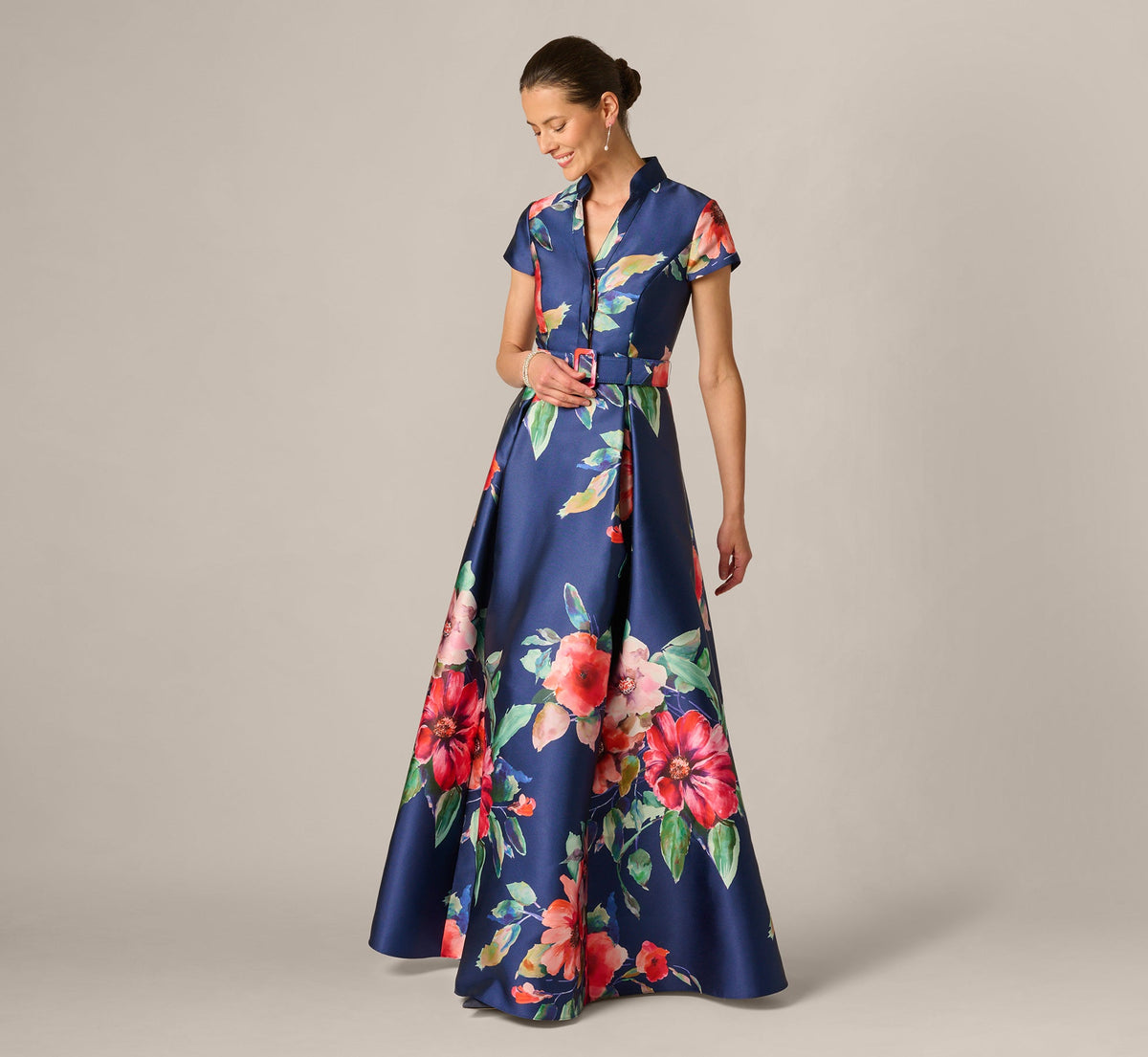 Short Sleeve Magnolia Floral Ballgown - Navy Multi | Adrianna Papell