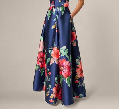 Short Sleeve Magnolia Floral Ballgown - Navy Multi | Adrianna Papell