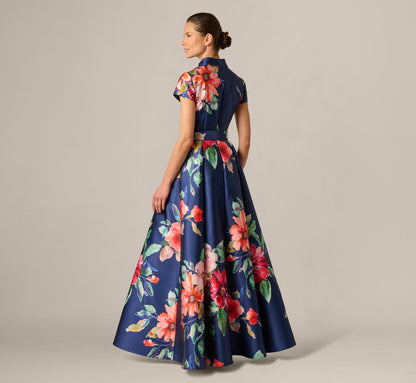 Short Sleeve Magnolia Floral Ballgown - Navy Multi | Adrianna Papell