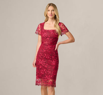 Short Sleeve Rose Floral Embroidered Sheath Dress - Burgundy Pink | Adrianna Papell