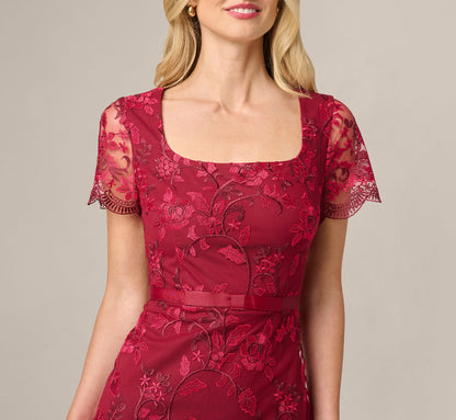 Short Sleeve Rose Floral Embroidered Sheath Dress - Burgundy Pink | Adrianna Papell