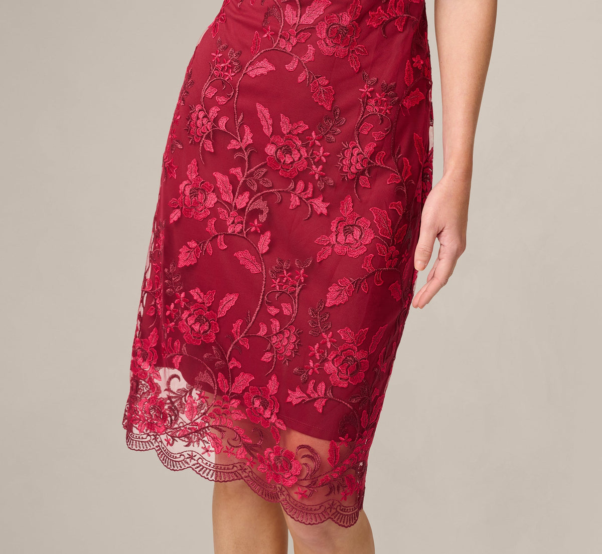 Short Sleeve Rose Floral Embroidered Sheath Dress - Burgundy Pink | Adrianna Papell