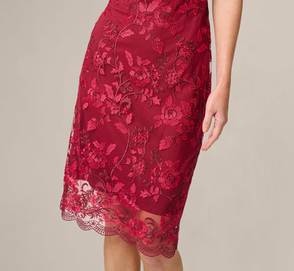 Short Sleeve Rose Floral Embroidered Sheath Dress - Burgundy Pink | Adrianna Papell