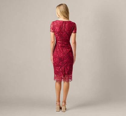 Short Sleeve Rose Floral Embroidered Sheath Dress - Burgundy Pink | Adrianna Papell