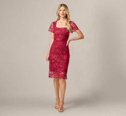Short Sleeve Rose Floral Embroidered Sheath Dress - Burgundy Pink | Adrianna Papell