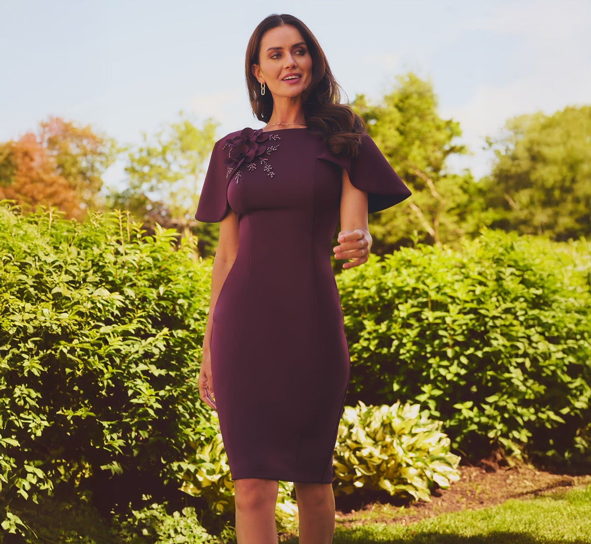 Cape Sleeve 3D Floral Stretch Sheath Dress - Pinot Noir | Adrianna Papell