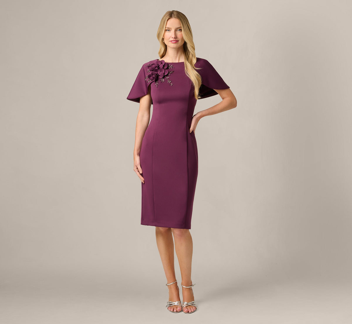 Cape Sleeve 3D Floral Stretch Sheath Dress - Pinot Noir | Adrianna Papell
