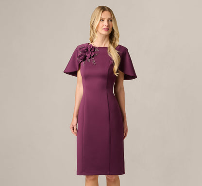 Cape Sleeve 3D Floral Stretch Sheath Dress - Pinot Noir | Adrianna Papell