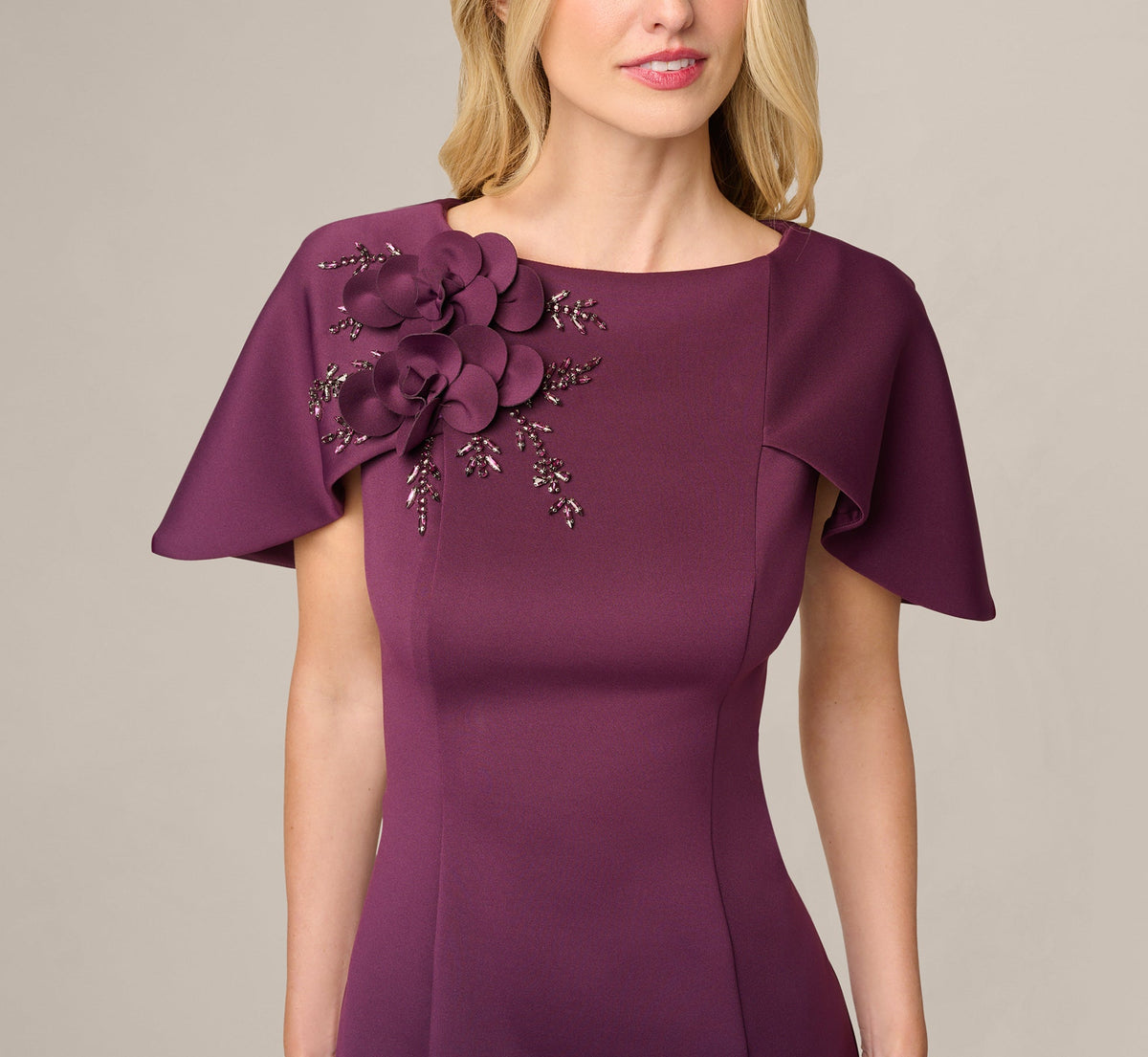 Cape Sleeve 3D Floral Stretch Sheath Dress - Pinot Noir | Adrianna Papell