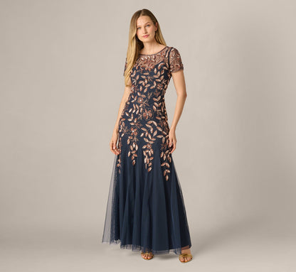 Hand Beaded Short Sleeve Floral Godet Gown - Navy Rosegold | Adrianna Papell