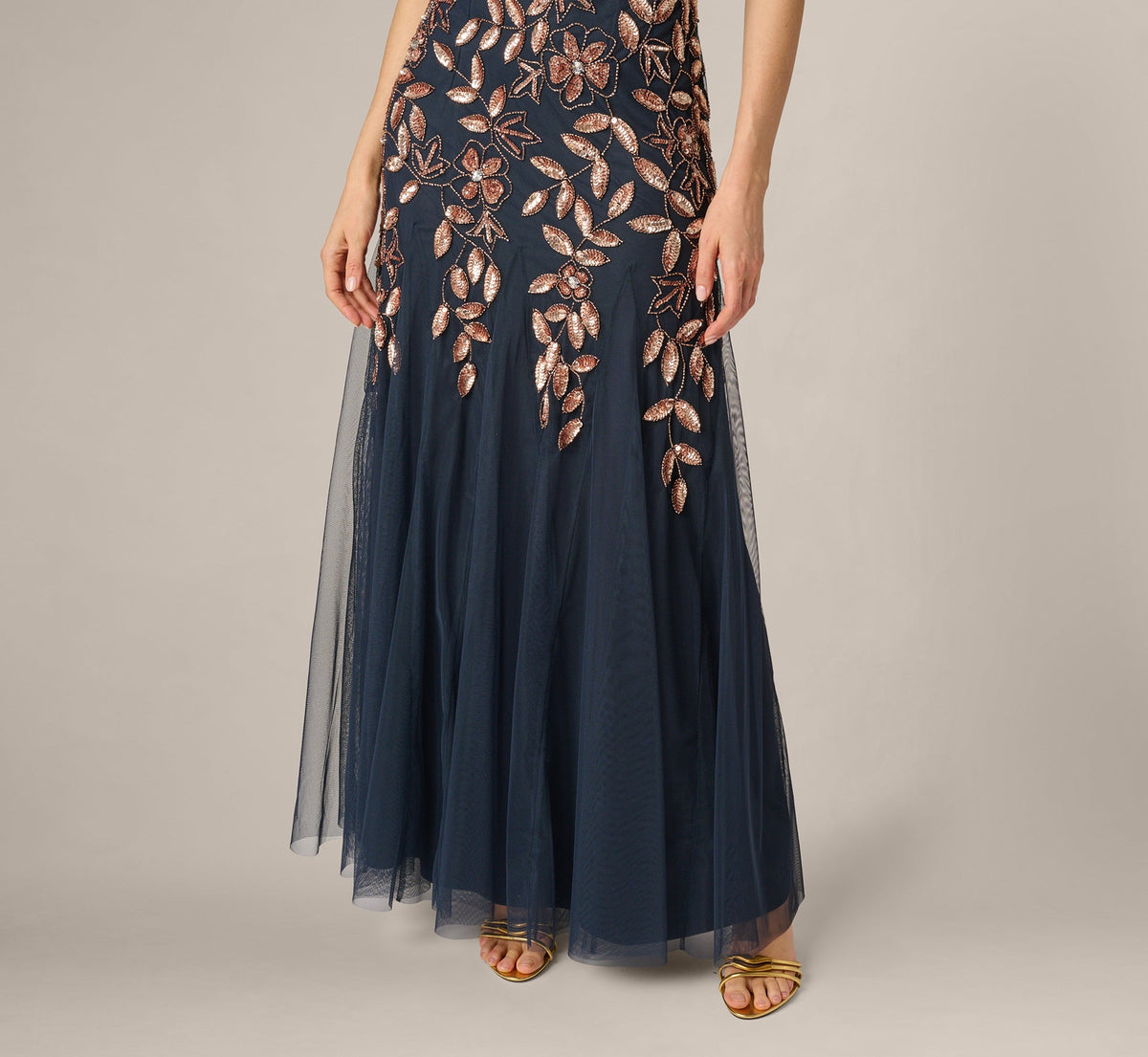 Hand Beaded Short Sleeve Floral Godet Gown - Navy Rosegold | Adrianna Papell