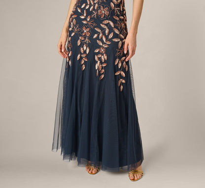 Hand Beaded Short Sleeve Floral Godet Gown - Navy Rosegold | Adrianna Papell