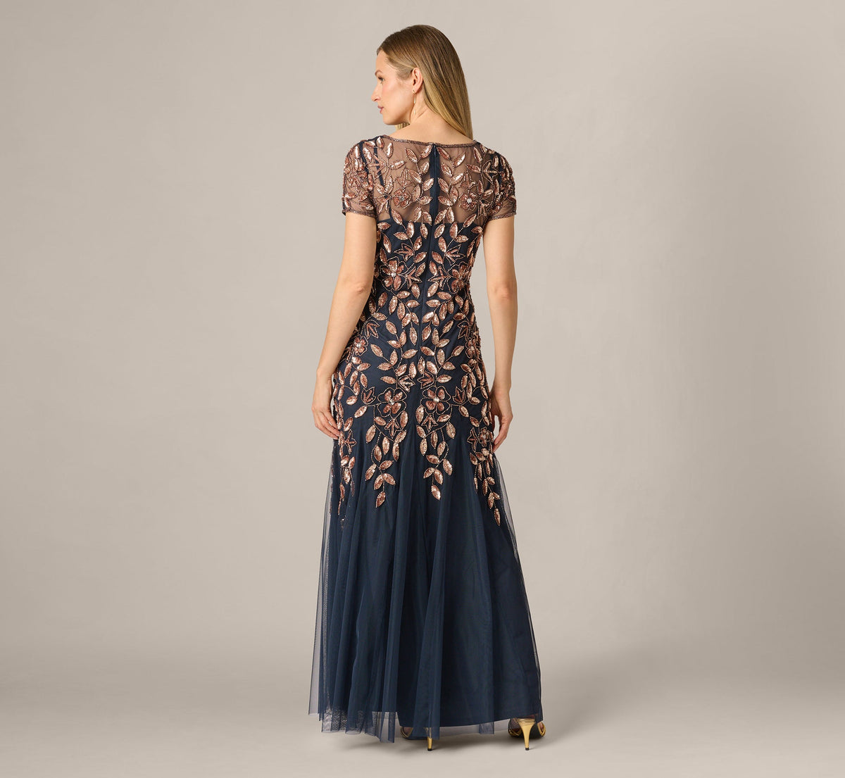 Hand Beaded Short Sleeve Floral Godet Gown - Navy Rosegold | Adrianna Papell