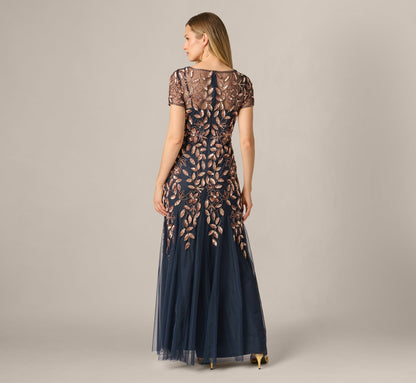 Hand Beaded Short Sleeve Floral Godet Gown - Navy Rosegold | Adrianna Papell