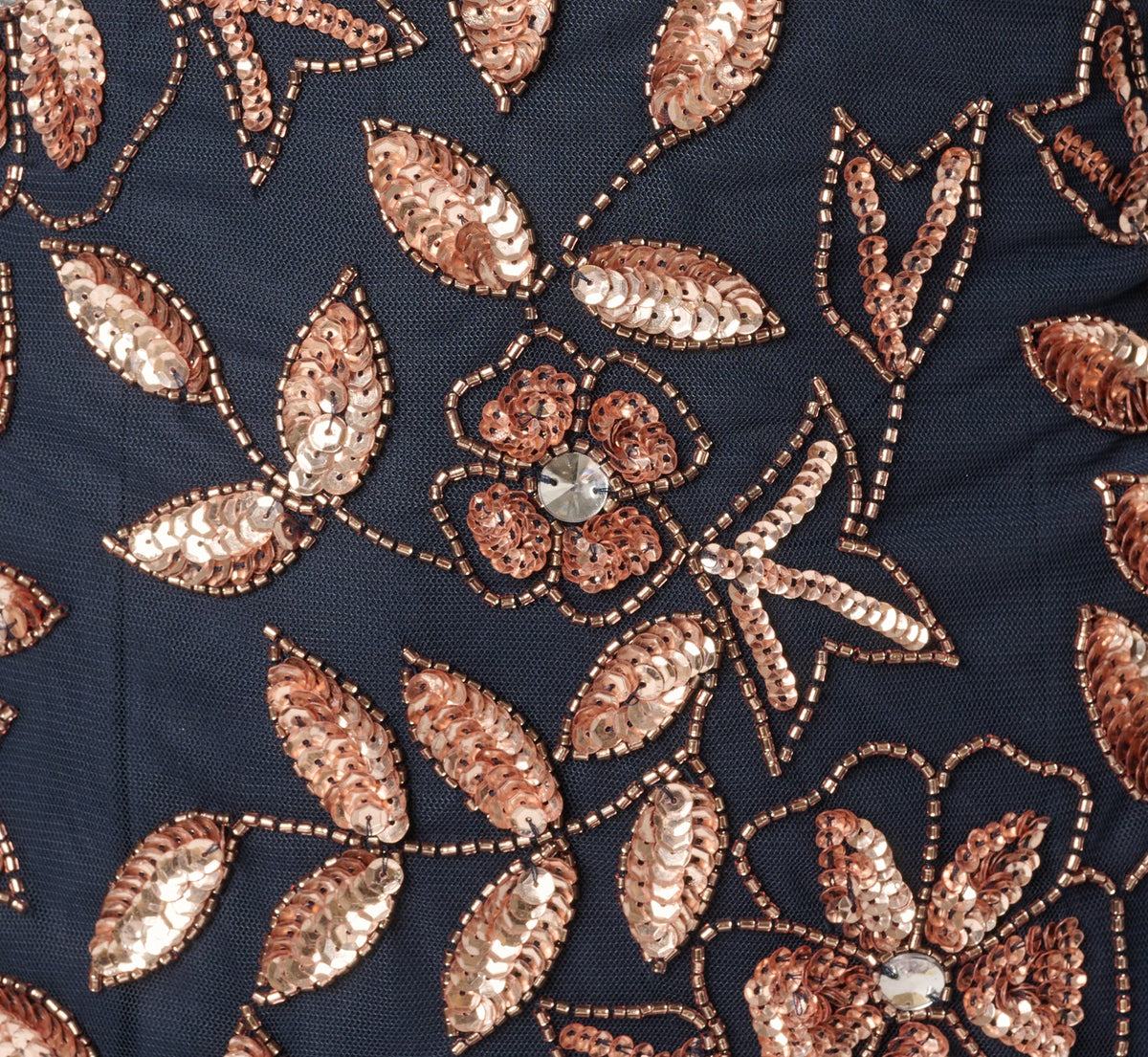 Hand Beaded Short Sleeve Floral Godet Gown - Navy Rosegold | Adrianna Papell