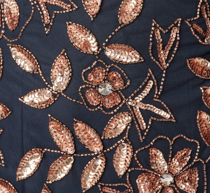 Hand Beaded Short Sleeve Floral Godet Gown - Navy Rosegold | Adrianna Papell