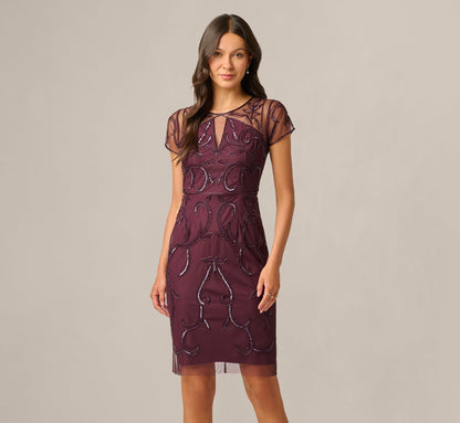 Short Sleeve Beaded Illusion Sheath Dress - Night Plum | Adrianna Papell