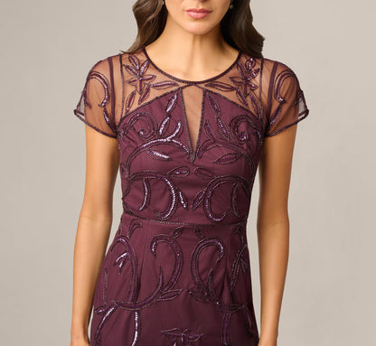 Short Sleeve Beaded Illusion Sheath Dress - Night Plum | Adrianna Papell